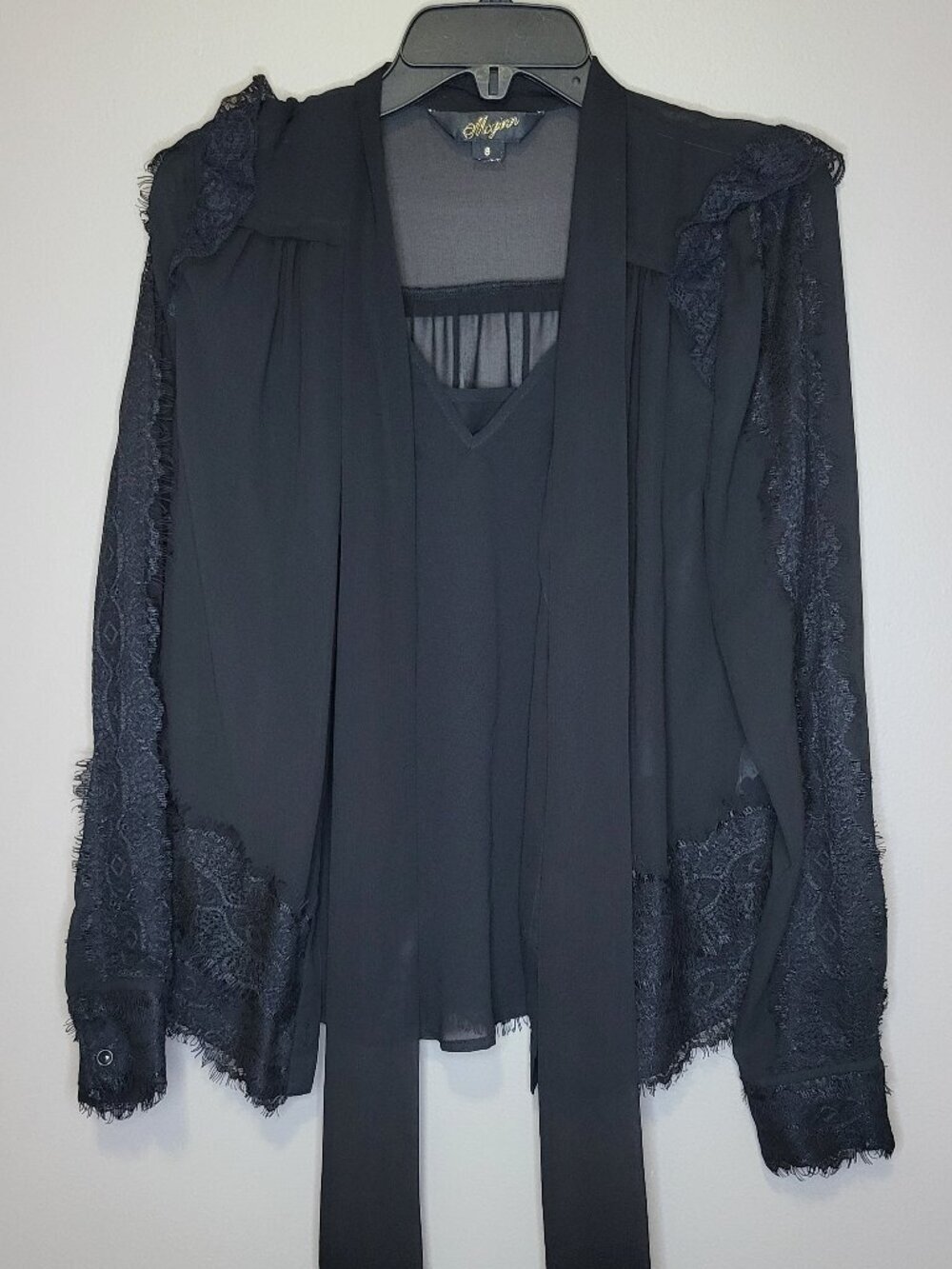 McGinn Black Lace Chiffon Blouse Size 8 Bow Tie Neck Sheer Long Sleeve Top, Cami